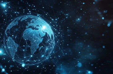 Globe Surrounded by Digital Connections Representing Global Technology Interconnections, with Dark Background and Blue/Silver Accents for Cybersecurity. Includes Blurred Tech Network Grid and Vector G