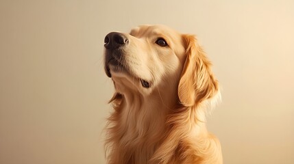 A golden retriever with a shiny coat, sitting attentively against a light solid color backdrop, exuding a friendly demeanor