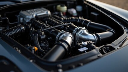 Detailed View of a Car Engine with Mechanical Parts and Fluid Systems