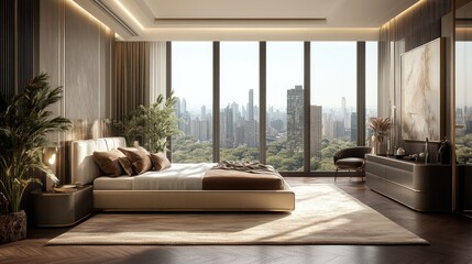 Fototapeta premium Modern bedroom with a city view.