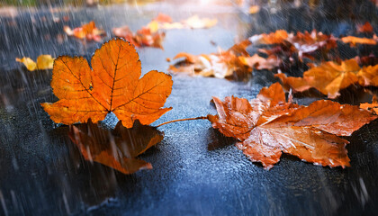 Orange Rainfall- A Series of Orange Autumn Leaves Cascading Through the Rain