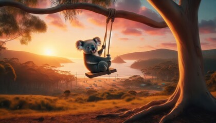 A koala swings on a branch at sunset, overlooking a serene landscape.