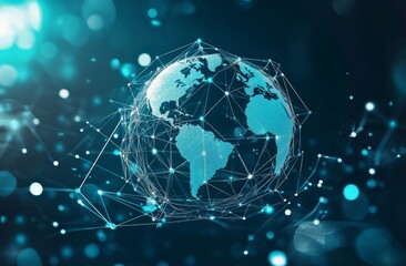 Obraz premium Globe Surrounded by Digital Connections Representing Global Technology Interconnections, with Dark Background and Blue/Silver Accents for Cybersecurity. Includes Blurred Tech Network Grid and Vector G