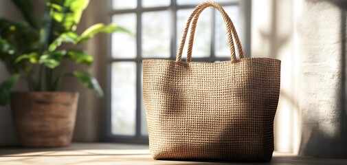Stylish woven tote bag placed in bright, sunlit room, featuring natural textures and modern design, perfect for everyday use.