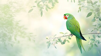 A vibrant green parrot perched on a branch, surrounded by soft, blurred foliage, showcasing its vivid colors against a light solid color background