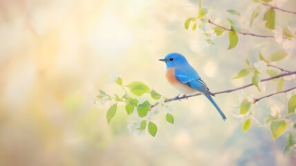 Obraz premium A vibrant bluebird perched on a delicate branch with soft green leaves, against a light pastel background