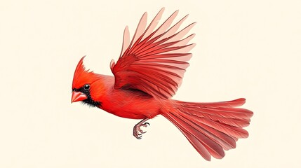 Obraz premium A realistic depiction of a cardinal in mid-flight, showcasing its vivid red feathers, set against a light solid color backdrop