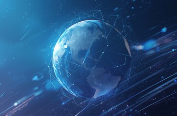 Globe Surrounded by Digital Connections Highlighting Global Connectivity and Data Flow, Symbolizing Cloud Technology with a Dark Background and Blue Earth.