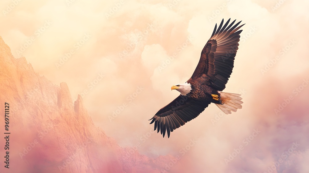 Sticker A majestic eagle soaring high above a serene landscape, capturing the essence of freedom, with a light solid color background