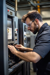 Fototapeta premium Engineer performing precision calibration checks on high-tech manufacturing equipment, focusing on detailed machinery and industrial technology in a professional factory environment 