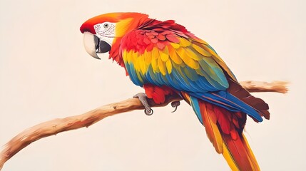 Fototapeta premium A vibrant, colorful parrot perched on a delicate branch with its feathers glistening in the sunlight, set against a light solid color background