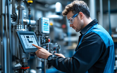 Engineer performing precision calibration checks on high-tech manufacturing equipment, focusing on detailed machinery and industrial technology in a professional factory environment

