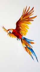 Fototapeta premium An exotic parrot in mid-flight, its wings spread wide, captured in a moment of grace against a light solid color background
