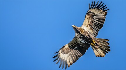 Obraz premium A majestic eagle soaring through a clear blue sky, wings fully extended, capturing the essence of freedom