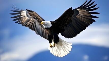 Fototapeta premium A majestic eagle soaring through a clear blue sky, wings fully extended, capturing the essence of freedom