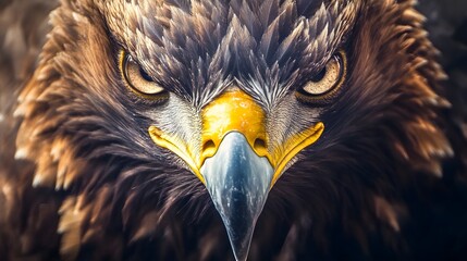 A close-up of an eagle's face, showcasing its sharp eyes and powerful beak against a soft light background