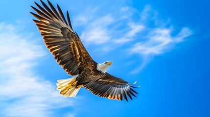 Obraz premium A majestic eagle soaring through a clear blue sky, wings fully extended, capturing the essence of freedom