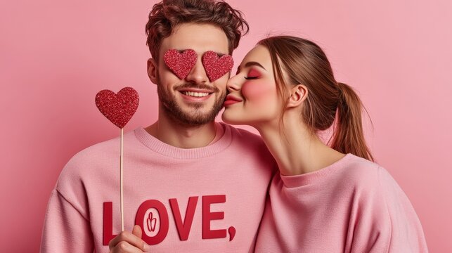 Romantic couple embraces valentine's theme with love hearts and pink attire