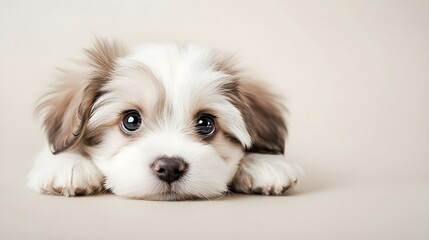 A close-up of a playful puppy lying on a light solid color background, showcasing its fluffy fur and bright eyes