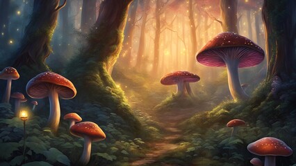 mystical forest, glowing mushrooms, fireflies, enchanted forest, magical scene, glowing mushrooms forest, mystical glow, fantasy forest, luminous mushrooms, fireflies in forest, glowing forest, 