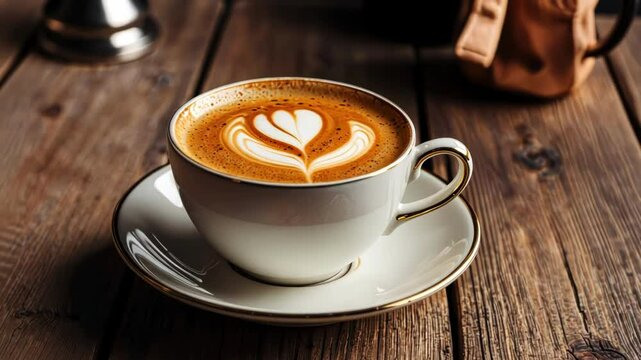 A beautifully crafted latte art in a rustic coffee cup on a wooden table, evoking warmth and comfort in a cozy cafe setting