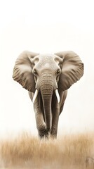 Fototapeta premium An elephant walking through a serene landscape, with a light solid color background that accentuates its massive size and gentle demeanor
