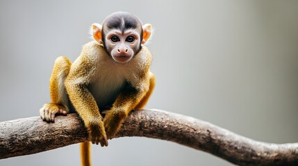 Obraz premium Realistic depiction of a monkey sitting on a tree branch, looking curiously at the camera, with a light solid color background