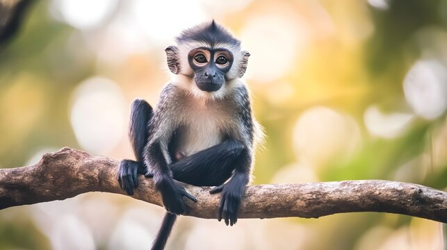 Realistic depiction of a monkey sitting on a tree branch, looking curiously at the camera, with a light solid color background