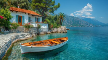 Idyllic Mediterranean Coastal Cottage and Wooden Fishing Boat on Tranquil Sea