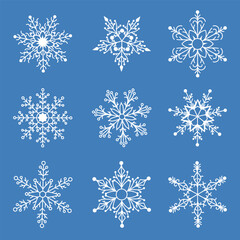 Snowflake collection in flat style. Abstract shapes of snow. Set of hand drawn particles of ice. 