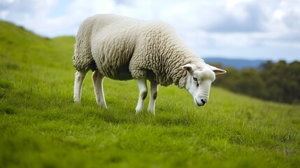 Fototapeta premium A fluffy white sheep grazing peacefully on a lush green meadow, with a light blue sky in the background