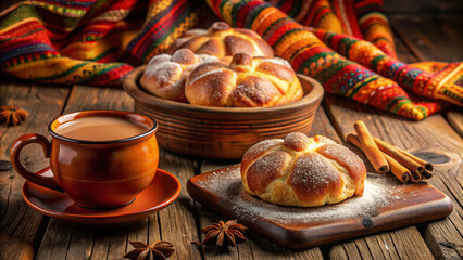 Traditional Mexican pan de muerto with coffee on a wooden table for Day of the Dead