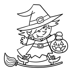 Black and white illustration of a witch standing on her broom and holding a Halloween pumpkin, clipart, coloring page