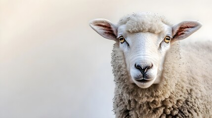 A close-up of a sheep's face, showcasing its soft wool and gentle eyes, against a plain pastel backdrop