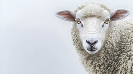 Obraz premium A close-up of a sheep's face, showcasing its soft wool and gentle eyes, against a plain pastel backdrop