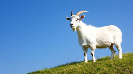 Obraz premium A serene goat standing on a grassy hill, with a clear blue sky in the background