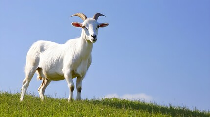 Obraz premium A serene goat standing on a grassy hill, with a clear blue sky in the background