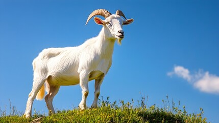 Obraz premium A serene goat standing on a grassy hill, with a clear blue sky in the background