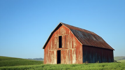 Obraz premium A rustic red barn standing tall in a green field under a clear blue sky, with light shining on its weathered wooden panels