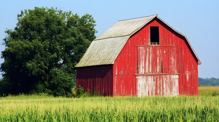 Obraz premium A rustic red barn standing tall in a green field under a clear blue sky, with light shining on its weathered wooden panels