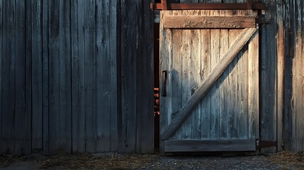 A close-up of a barn door slightly ajar, revealing hints of farm equipment inside, with a soft light illuminating the entrance