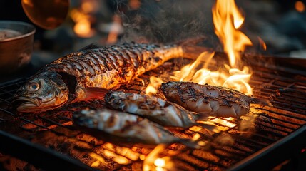 Fototapeta premium Succulent fish and assorted seafood sizzle over an open grill, surrounded by glowing embers, while the sun sets in the background, creating a vibrant atmosphere