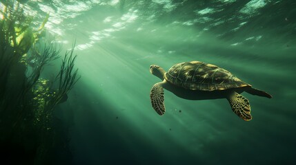 Fototapeta premium A serene underwater scene featuring a graceful sea turtle gliding through the water, with soft light illuminating the surroundings, ideal for a calming effect