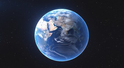 Earth from Space View with Black Sky and Stars, Featuring a Round Planet with Blue Ocean and Green Island Outline