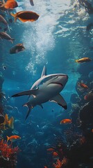 Fototapeta premium A dynamic underwater scene featuring a shark swimming gracefully, surrounded by schools of fish, with ample copy space for text