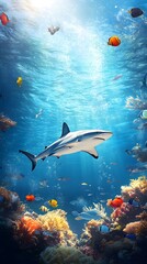 Fototapeta premium A dynamic underwater scene featuring a shark swimming gracefully, surrounded by schools of fish, with ample copy space for text