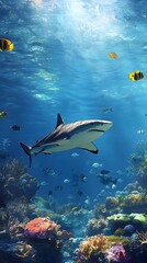 Obraz premium A dynamic underwater scene featuring a shark swimming gracefully, surrounded by schools of fish, with ample copy space for text