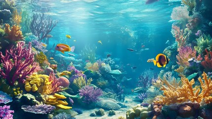 Fototapeta premium A vibrant underwater scene showcasing a diverse coral reef teeming with colorful fish and marine life, with plenty of light solid color background