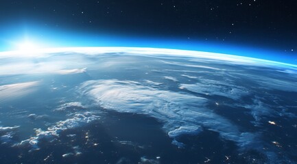 Fototapeta premium Earth from Space View with Black Sky and Stars, Featuring a Round Planet with Blue Ocean and Green Island Outline