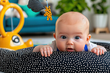 Happy baby playing on a polka dot mat in a cozy living room